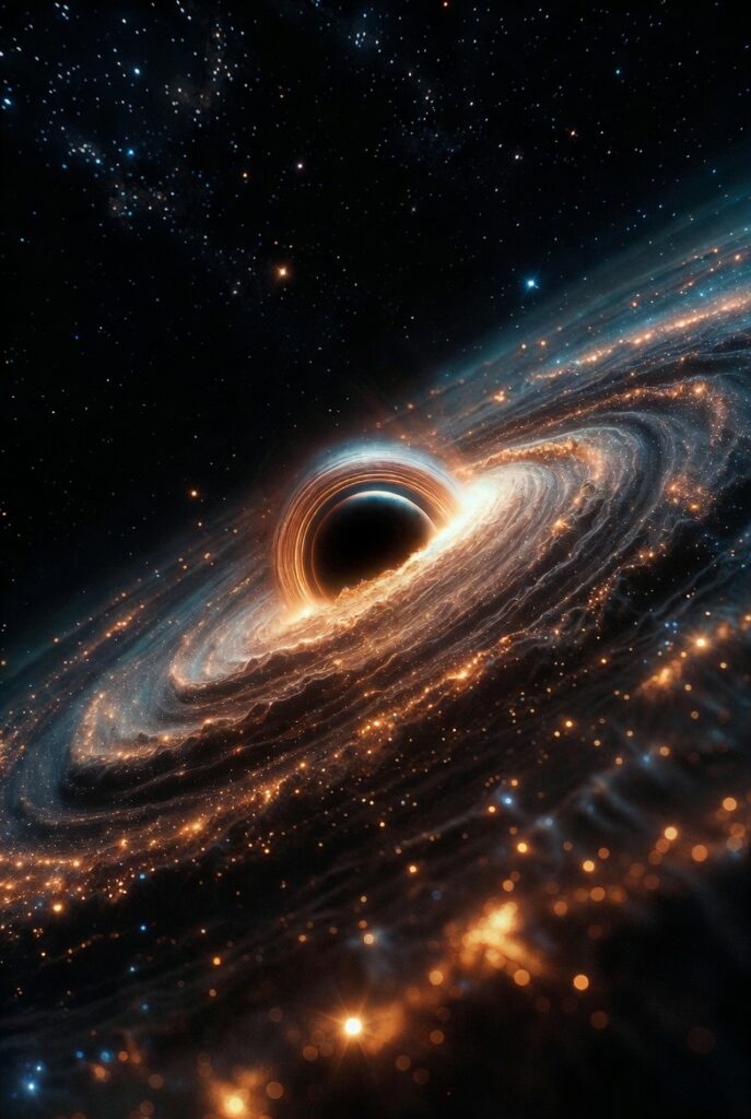 Ilustração artística de um buraco negro com disco de acreção brilhante em meio ao espaço profundo