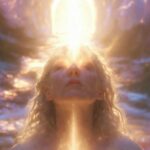 Mulher loira com olhos fechados e expressão serena, banhada por um intenso raio de luz dourada que desce de um portal celestial em um céu místico roxo e dourado, simbolizando iluminação espiritual.