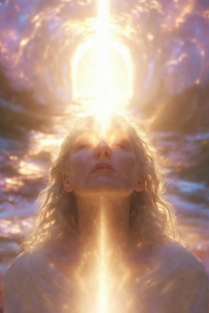 Mulher loira com olhos fechados e expressão serena, banhada por um intenso raio de luz dourada que desce de um portal celestial em um céu místico roxo e dourado, simbolizando iluminação espiritual.
