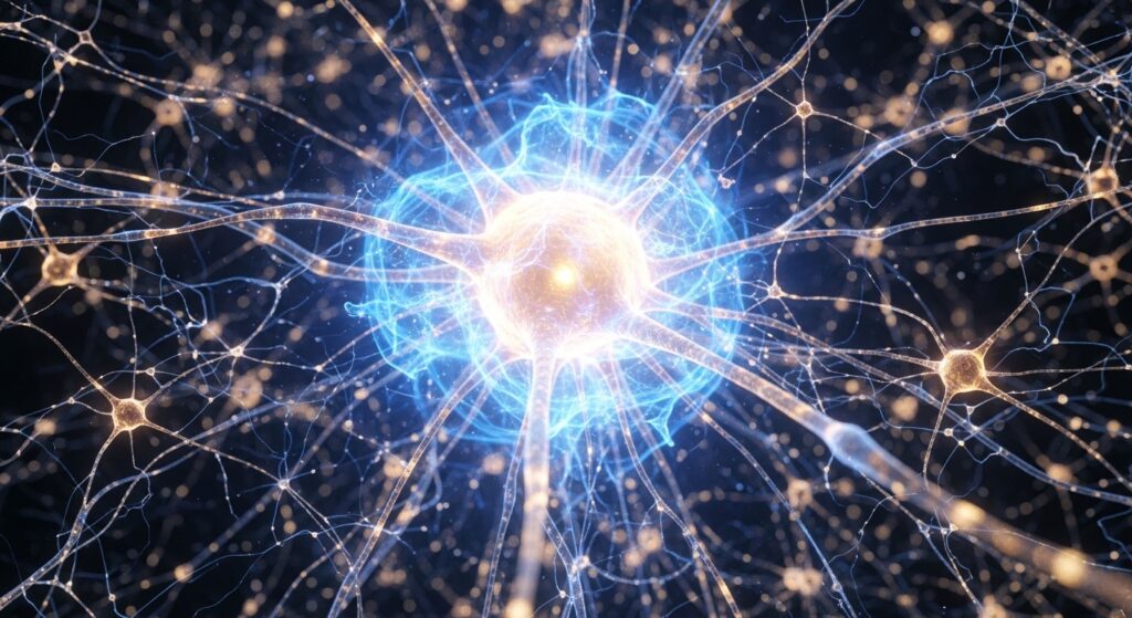 Neurônios cerebrais interconectados com luz etérea azul-dourada, simbolizando a relação entre atividade neural e a natureza misteriosa da consciência subjetiva