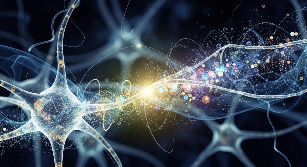 Rede neural transformando-se em padrões de luz quântica, ilustrando hipóteses sobre consciência como propriedade de campos fundamentais ou substrato informacional