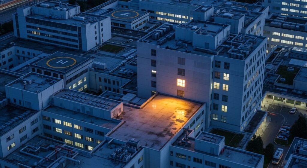 Vista aérea de hospital com luz dourada emanando de janela, simbolizando experiências de quase-morte e a possibilidade de consciência durante parada cardíaca