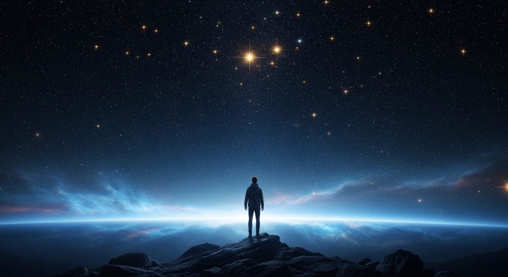 Figura humana contemplando horizonte cósmico infinito, representando a vastidão da realidade além dos limites do conhecimento científico mensurável