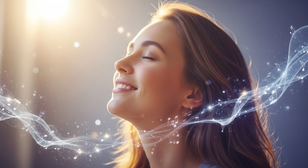 Mulher com olhos fechados envolvida por ondas luminosas com notas musicais, representação simbólica de percepção e consciência em relatos de EQM em pessoas surdas.