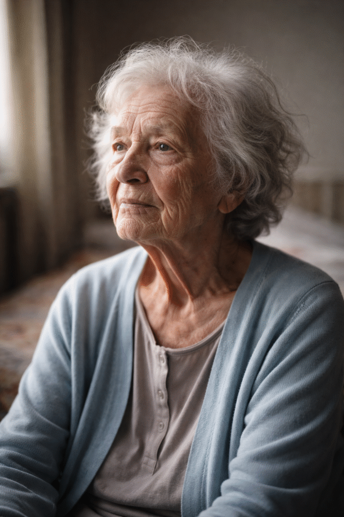Paciente com Alzheimer em estado contemplativo demonstrando presença sem linguagem