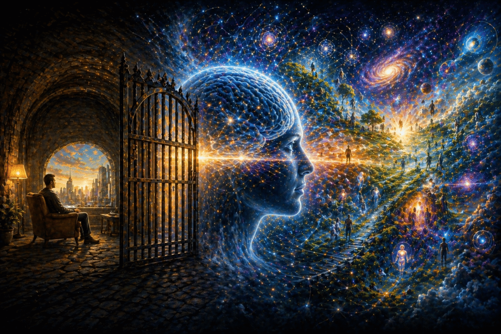 Ilustração de cérebro como filtro da consciência com portal separando realidade limitada e percepção expandida em ambiente cósmico, conceito de DMN e consciência não local