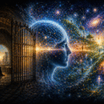 Ilustração de cérebro como filtro da consciência com portal separando realidade limitada e percepção expandida em ambiente cósmico, conceito de DMN e consciência não local