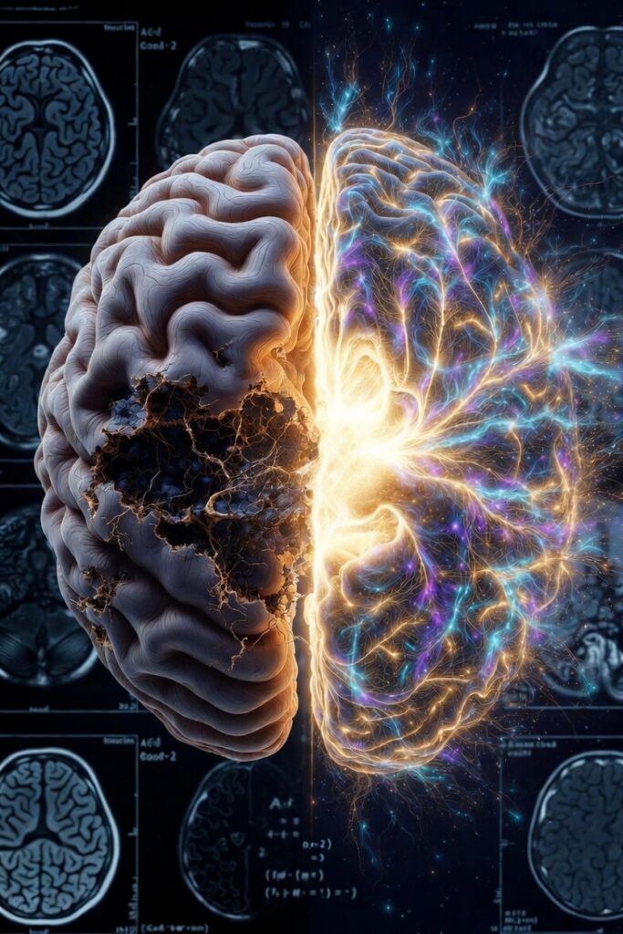 Representação artística do enigma científico no Alzheimer: metade do cérebro humano mostra degeneração estrutural severa com atrofia e danos neuronais, enquanto a outra metade explode em luz vibrante com regeneração súbita de conexões neuronais, simbolizando uma possível recuperação cognitiva inesperada.