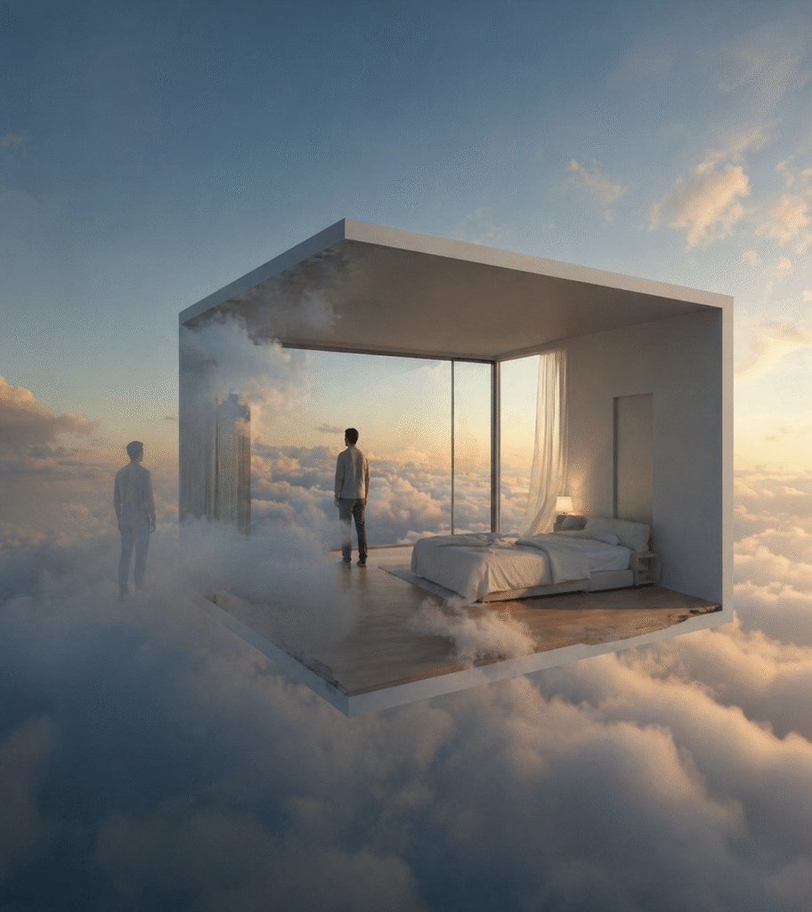 Representação de experiência de quase-morte com percepção não local onde o observador aparece dentro e fora de um quarto flutuante entre nuvens, sugerindo consciência extracorpórea
