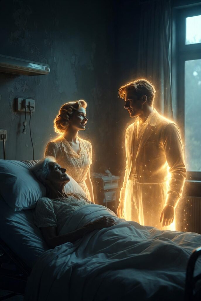 Pessoa idosa deitada em uma cama de hospital enquanto figuras luminosas e etéreas, semelhantes a espíritos, aparecem ao seu lado em um possível momento de experiência de quase morte.