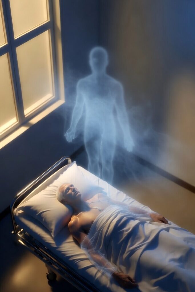 Ilustração artística de figura translúcida flutuando acima de uma cama de hospital