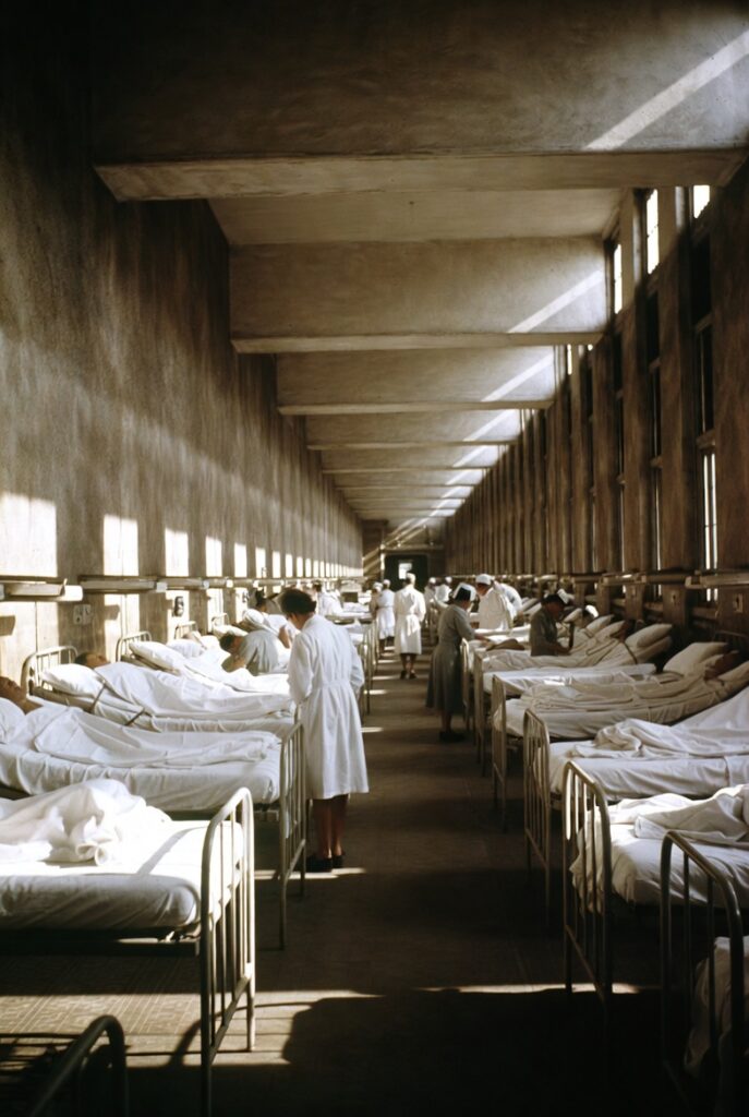 Médicos e enfermeiros em hospital militar americano durante a Segunda Guerra Mundial