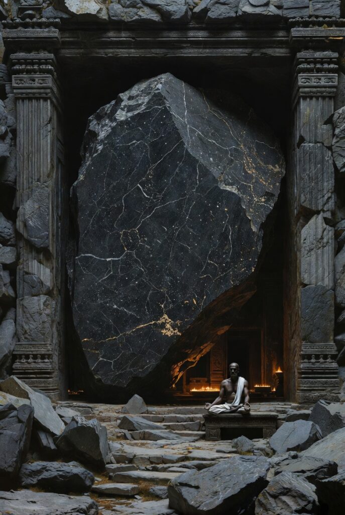 Ilustração do templo cósmico descrito por Jung: bloco de pedra escura com antecâmara onde figura medita em posição de lótus, simbolizando o Self