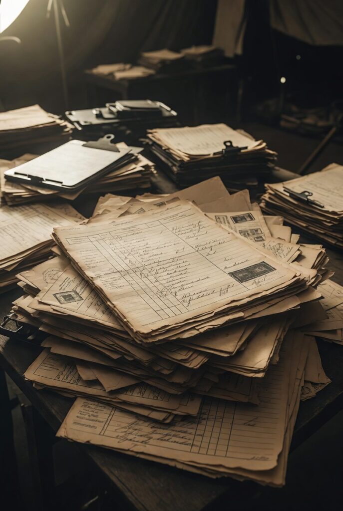 Prontuários médicos manuscritos dos anos 1940 sobre mesa