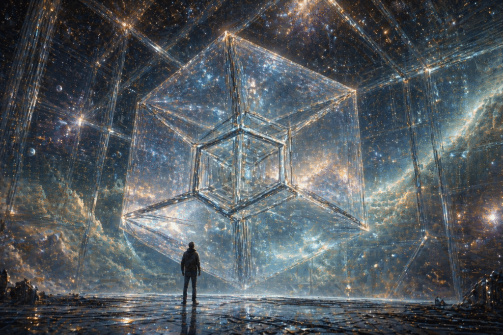 Representação de experiência de quase-morte com um tesserato 4D observado em ambiente cósmico, simbolizando percepção não local e consciência extracorpórea