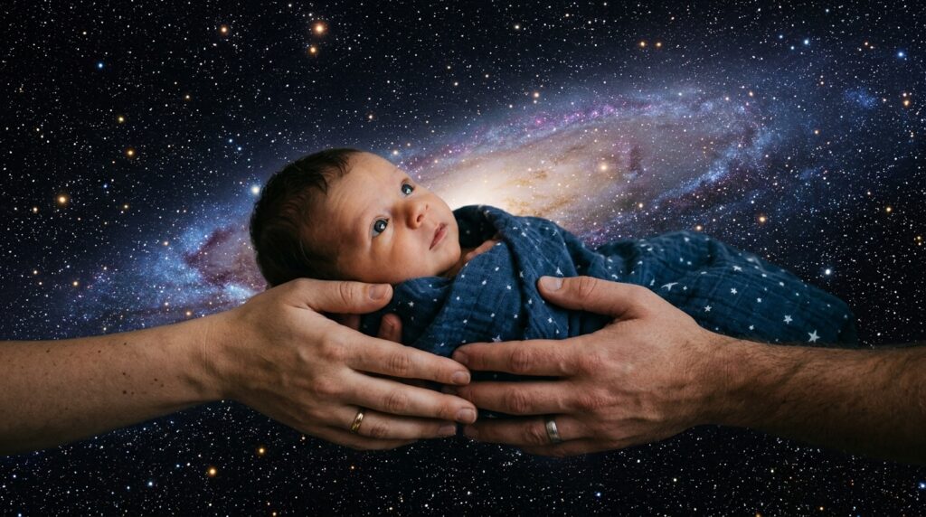 Bebê sendo segurado por mãos adultas com fundo de galáxia, simbolizando a origem da vida no universo