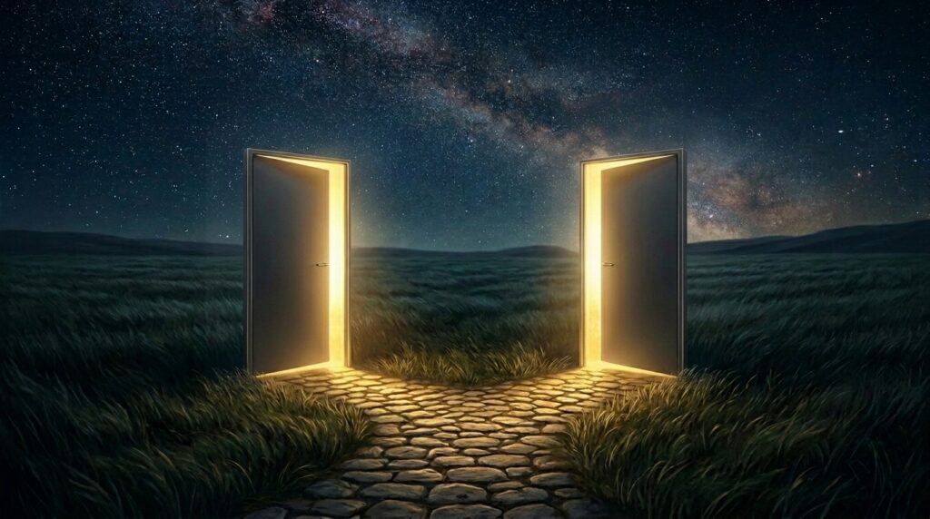 Duas portas iluminadas em um campo sob céu estrelado, simbolizando caminhos entre início e fim da existência