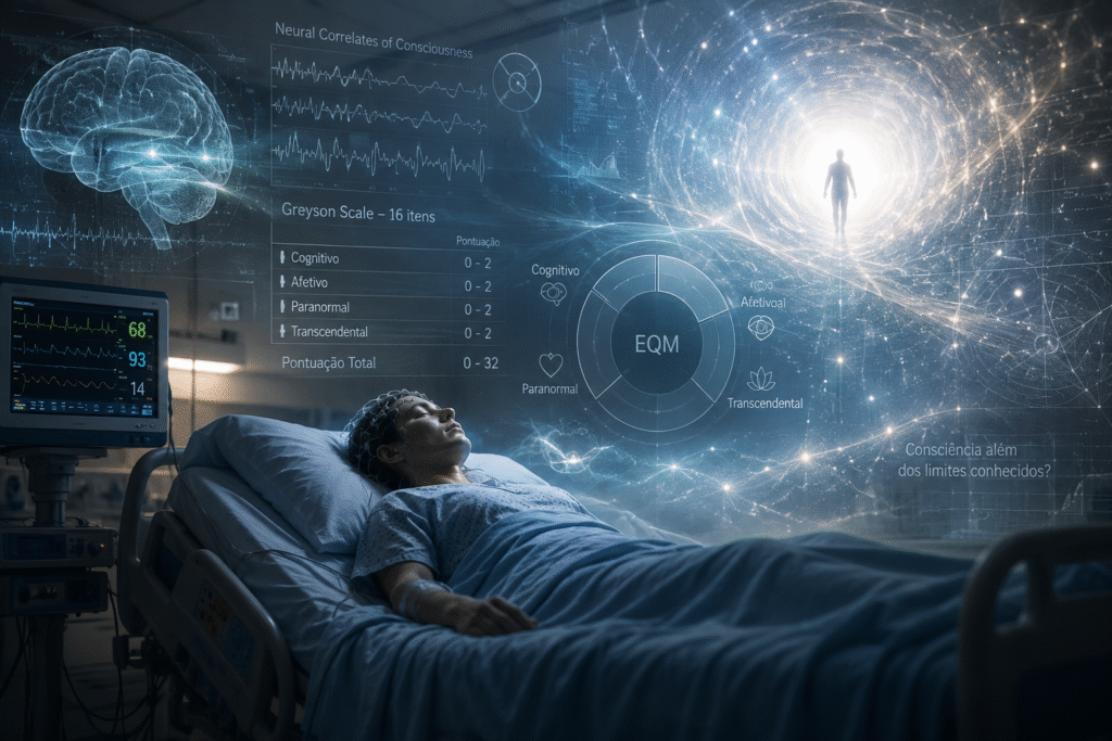 Paciente em hospital cercado por gráficos científicos e elementos visuais abstratos representando a investigação científica das experiências de quase-morte.