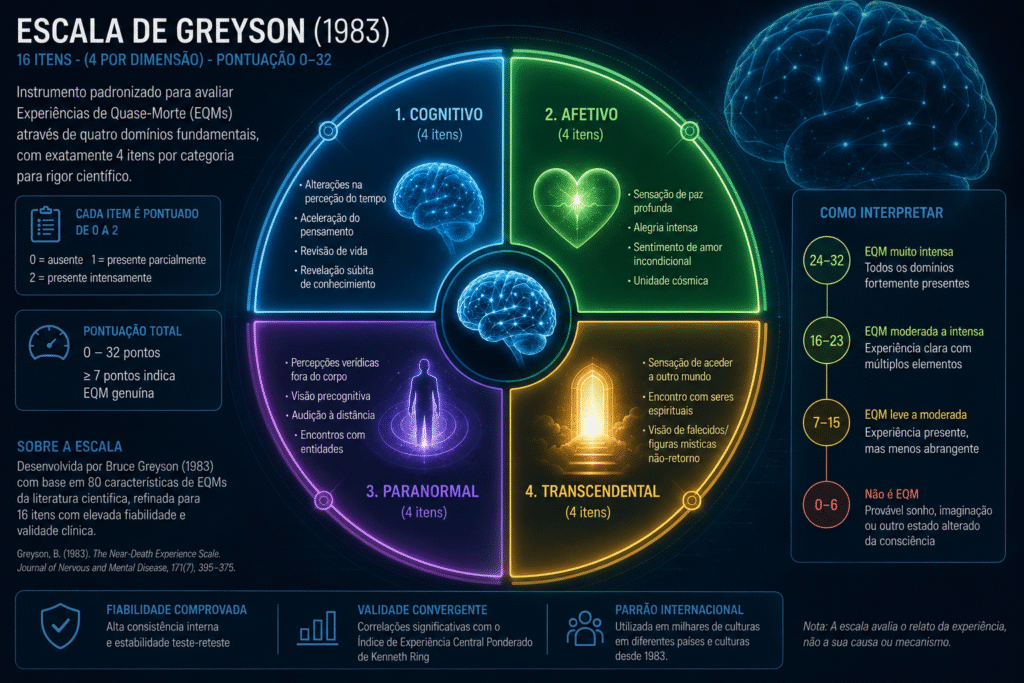 Infográfico da Escala de Greyson mostrando os quatro domínios das experiências de quase-morte.
