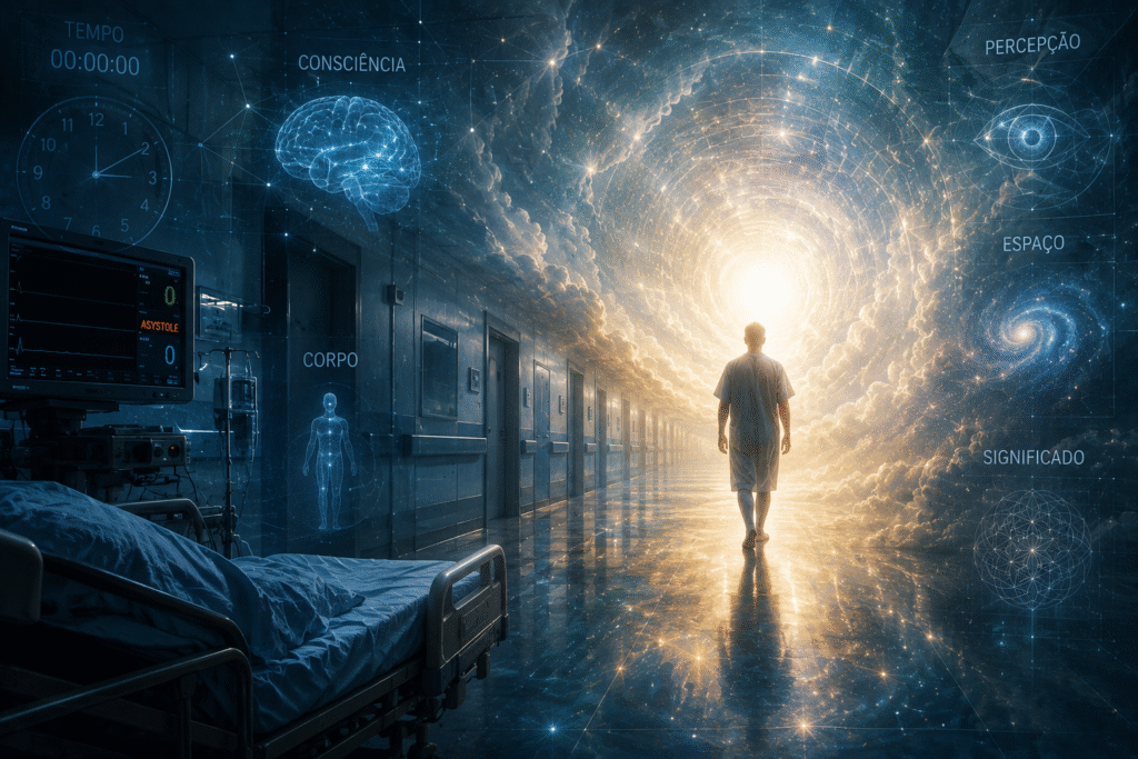Figura caminhando em direção a uma luz intensa entre um ambiente hospitalar e um cenário transcendental representando uma experiência de quase-morte.