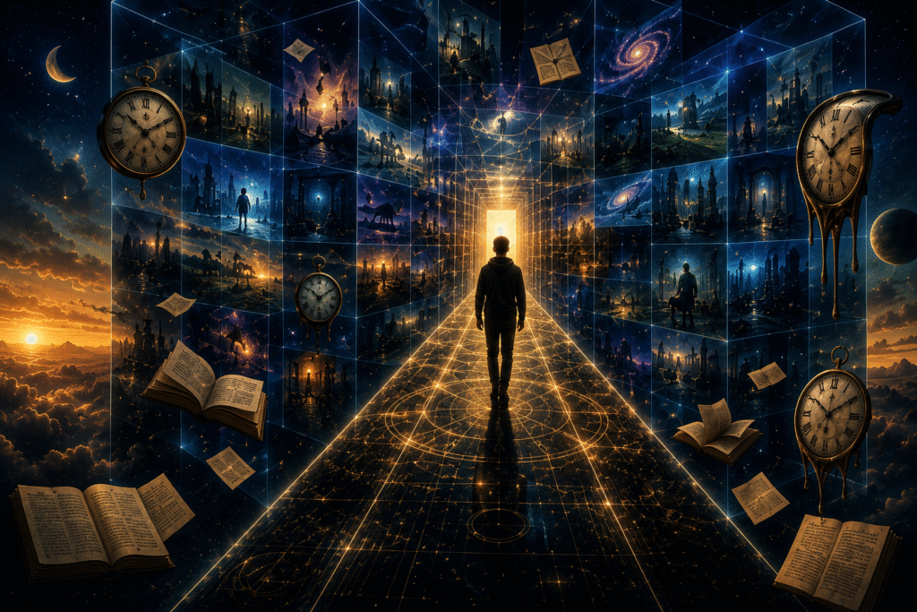 Figura humana caminhando através de uma estrutura quadridimensional do tempo, representando a consciência se movendo dentro de um universo bloco.