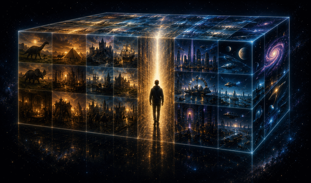 Estrutura cósmica em forma de cubo contendo diferentes momentos do tempo coexistindo simultaneamente em um universo bloco.