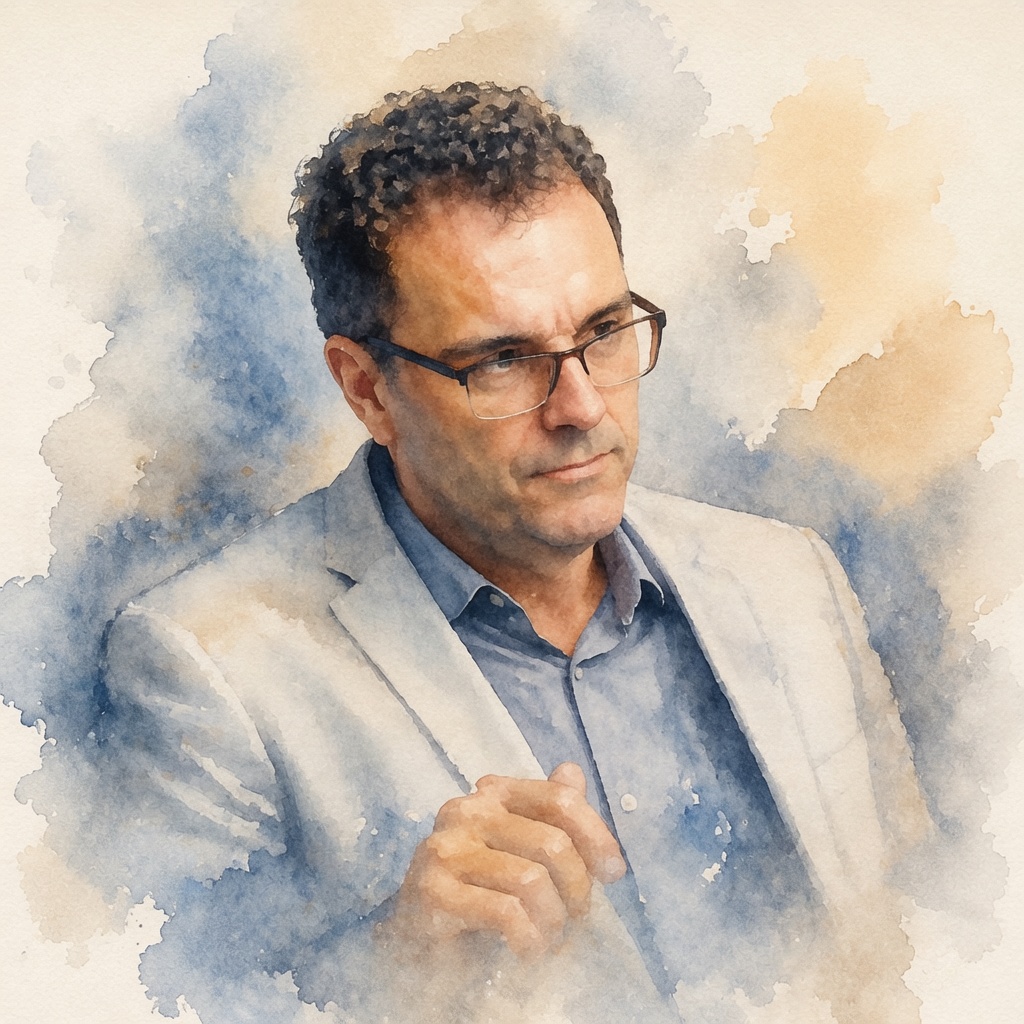 Retrato em aquarela do psiquiatra Alexander Moreira-Almeida, professor da UFJF e fundador do NUPES, pesquisador de consciência e experiências de quase morte