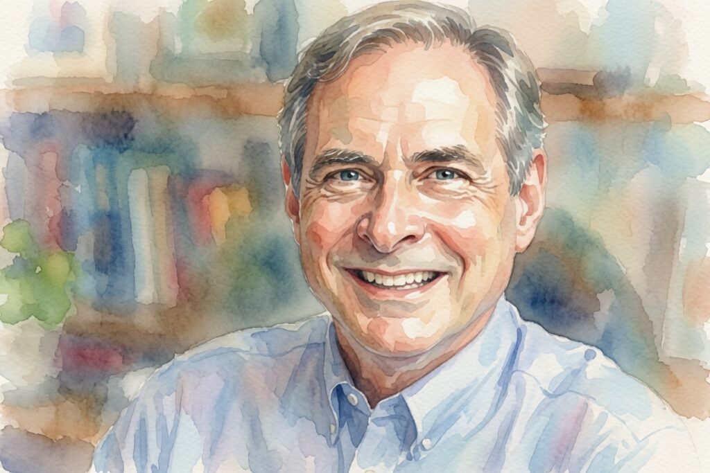 Retrato em aquarela realista de Bruce Greyson, psiquiatra americano criador da Escala de Greyson para avaliação de experiências de quase morte.