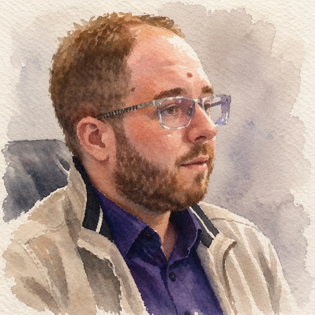 Retrato em aquarela do psicólogo Everton Maraldi, pesquisador de experiências anômalas e estados alterados de consciência, professor da PUC-SP e pesquisador do IPq-USP