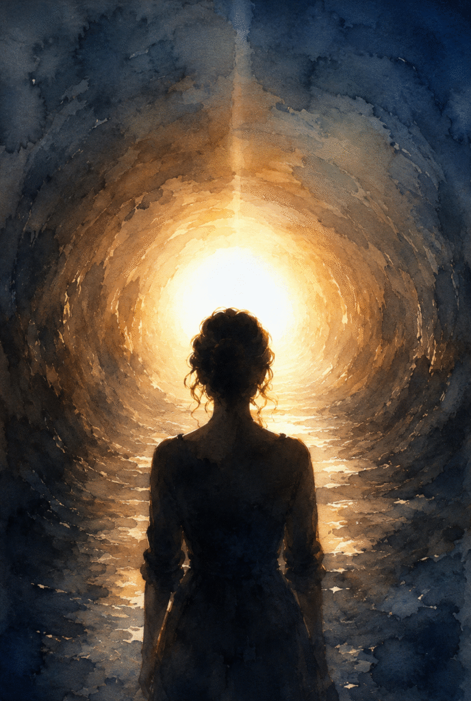 Silhueta de uma mulher de costas caminhando em direção à luz brilhante no fim de um túnel escuro, representação artística de uma Experiência de Quase-Morte em estilo aquarela.