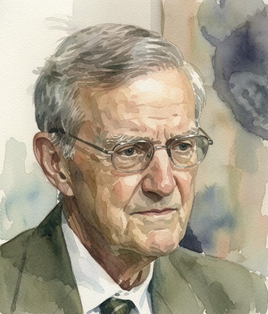 Retrato em aquarela realista de Ian Stevenson, psiquiatra canadense e fundador da Division of Perceptual Studies da Universidade da Virgínia.