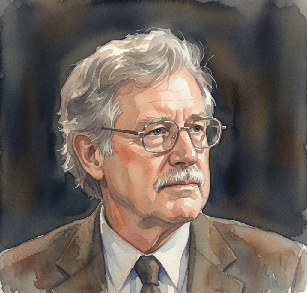 Retrato em aquarela realista de Kenneth Ring, psicólogo americano pioneiro na pesquisa científica das experiências de quase morte.