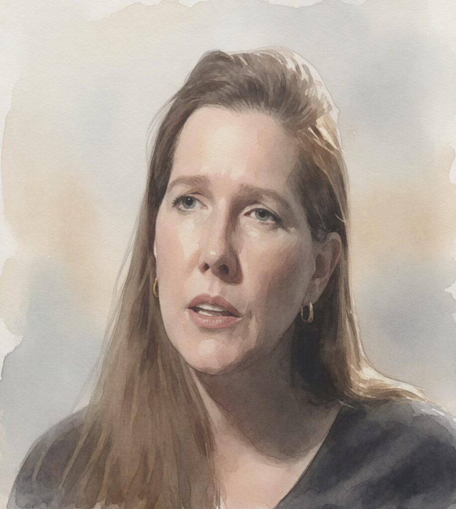 Retrato em aquarela de Pam Reynolds, cantora americana que viveu uma experiência de quase morte em 1991