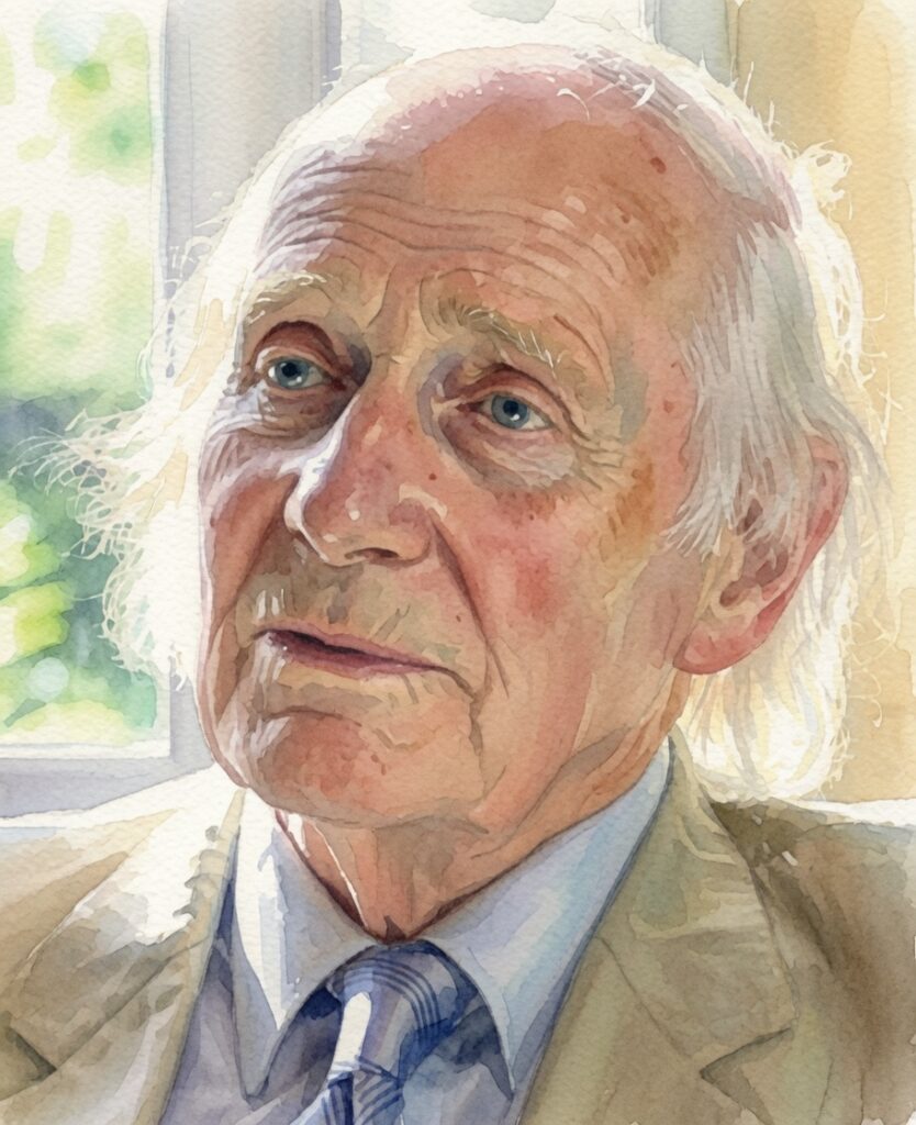 Retrato em aquarela realista de Peter Fenwick, neuropsiquiatra britânico conhecido por suas pesquisas sobre experiências de quase morte, lucidez terminal e consciência no processo de morrer.
