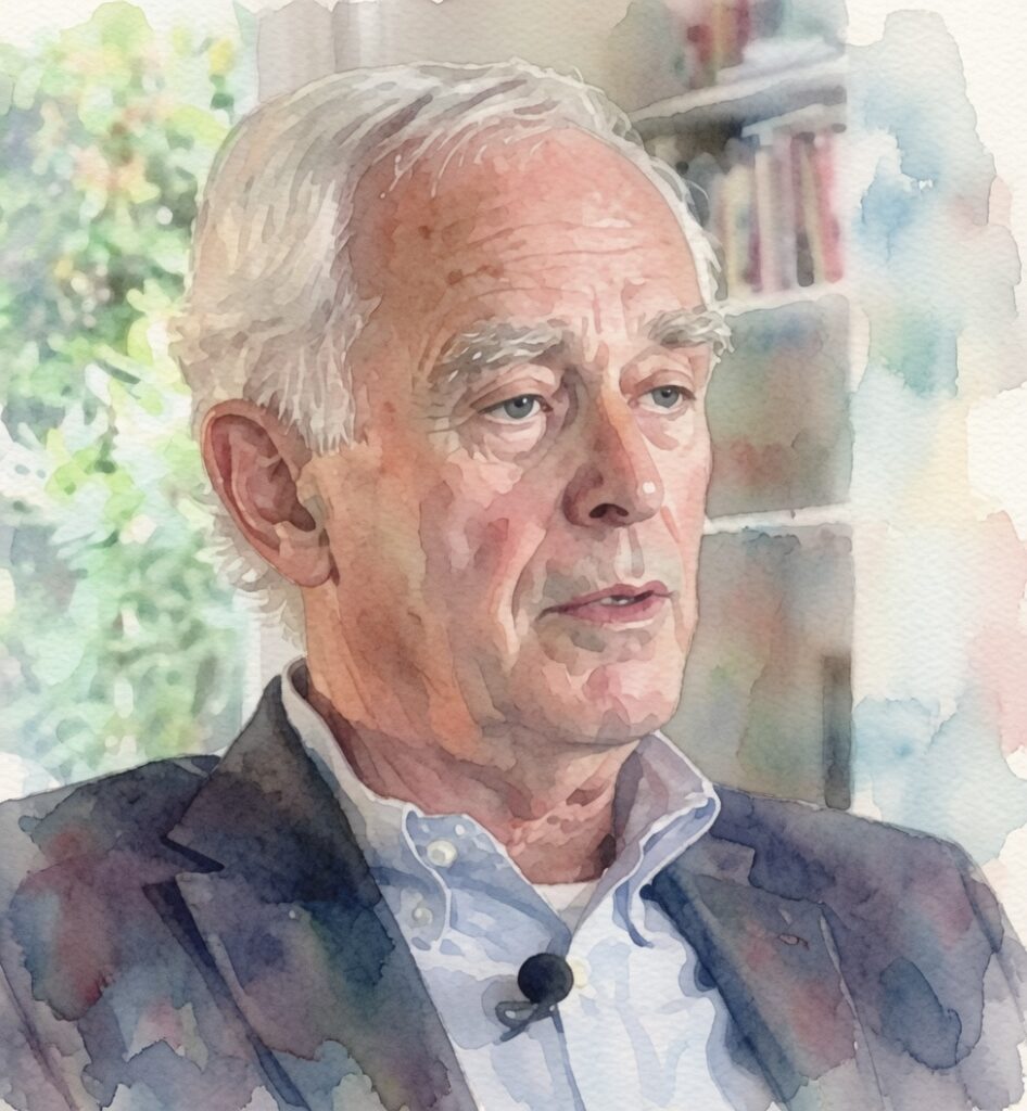 Retrato em aquarela realista de Pim van Lommel, cardiologista holandês conhecido pelo estudo publicado na The Lancet sobre experiências de quase morte.