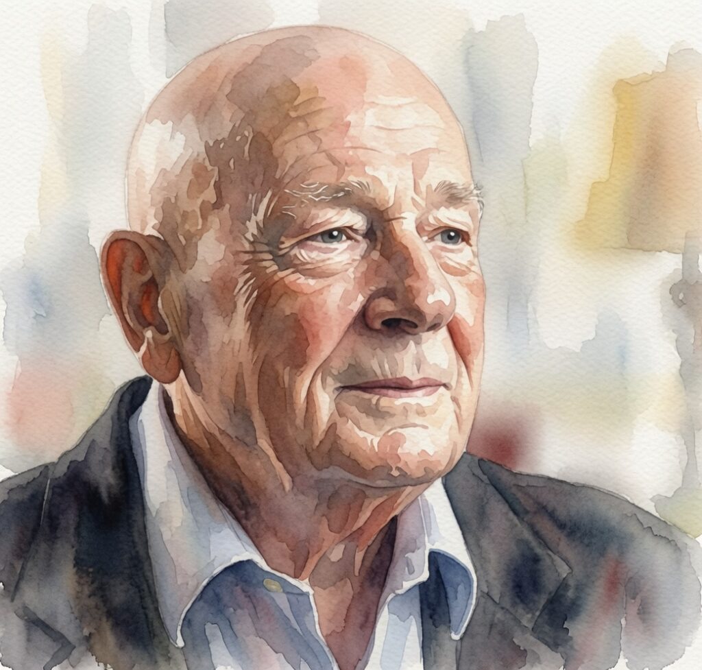Retrato em aquarela realista de Raymond Moody, médico e filósofo americano que popularizou o termo experiência de quase morte em 1975.