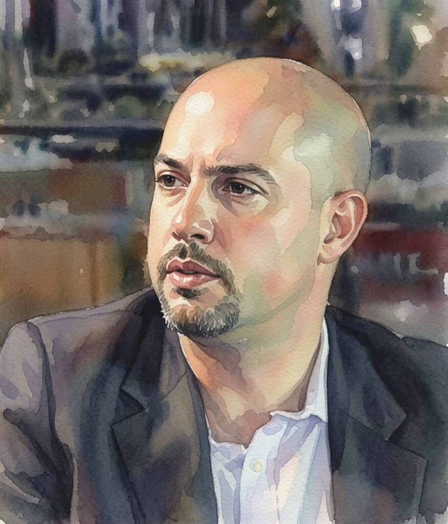 Retrato em aquarela realista de Sam Parnia, médico e pesquisador conhecido pelos estudos AWARE sobre consciência durante a ressuscitação cardiopulmonar.